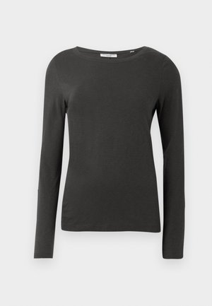 Long-sleeve top in dark gray, made of soft fabric. Features a round neckline and fitted silhouette with minimal stitching details.
