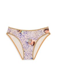 Leopard print bikini with golden trim. Features soft fabric, a low-rise design, and artistic illustrations integrated into the pattern.