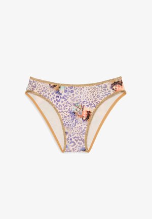Bikini im Leopardenmuster mit goldenem Besatz. Merkmale sind der weiche Stoff, das niedrig geschnittene Design und künstlerische Illustrationen, die in das Muster integriert sind.