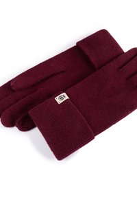 Burgunderfarbene gestrickte Handschuhe mit strukturierter Oberfläche, ausgestattet mit einem breiten Bündchen und einem kleinen Logo-Patch im Handgelenksbereich.