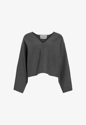 Donkergrijze cropped sweater met een V-hals, lange mouwen en een ontspannen pasvorm. Gemaakt van zacht materiaal met een gladde textuur en minimale naden.