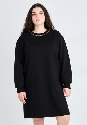 Black sweatshirt dress with a relaxed fit, long sleeves, and a crew neckline adorned with a subtle line of embellishments.