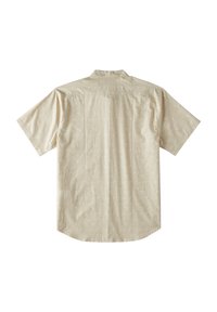 Korte mouwen overhemd in lichtbeige stof met een subtiel patroon, standaard kraag en een ronde zoom. De achterkant heeft een yoke met twee naden.