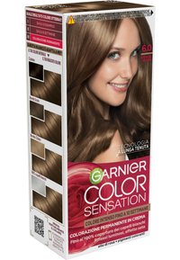 Scatola di tinta per capelli permanente con un modello bruno. Presenta tonalità di biondo scuro e biondo chiaro sui lati. Include accenti di rosa e branding.
