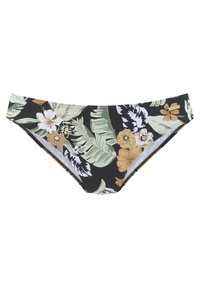 Blumiger Bikini-Unterteil mit schwarzem Hintergrund, grünen Blättern und orangen Blumen, aus dehnbarem Stoff mit glatter Textur gefertigt.