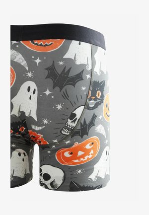 Herren-Boxershorts aus dehnbarem Material, mit einem grauen Grundton und Halloween-Motiven in Orange und Schwarz wie Schädel, Kürbisse und Geister.