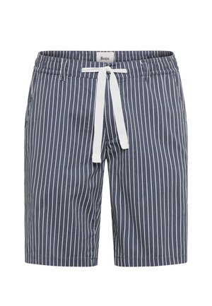 Marineblaue Shorts mit weißen vertikalen Streifen, elastischem Bund, weißem Kordelzug und Seitentaschen.