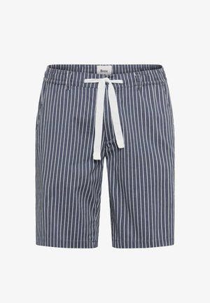 Marineblaue Shorts mit weißen vertikalen Streifen, elastischem Bund, weißem Kordelzug und Seitentaschen.