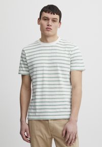 Stribet t-shirt i lysegrøn og hvid, lavet af blødt bomuld, med korte ærmer og rund halsudskæring. Ingen synlige mønstre eller accenter.