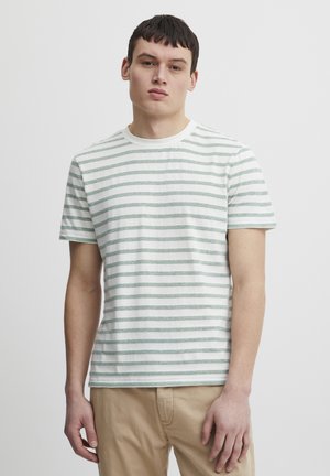 Gestreiftes T-Shirt in hellgrün und weiß, aus weichem Baumwollmaterial, mit kurzen Ärmeln und Rundhalsausschnitt. Keine sichtbaren Muster oder Akzente.