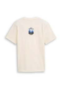 Cremefarbene Baumwoll-T-Shirt mit kurzen Ärmeln. Auf der Rückseite befindet sich eine blaue Grafik mit einer Stadtskyline und dem Text "NYC HAVE NO PLAN" sowie einem Slogan.