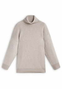 Ljus beige polokragetröja med ribbad krage och cuffar. Tillverkad av mjukt, texturerat tyg. Har en avslappnad passform och sjunkna axlar.