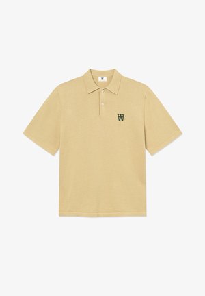 Beige short-sleeve polo shirt with two buttons and a small green "W" logo on the left chest.