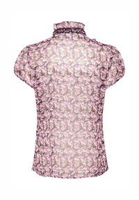 Gėlių bliuska su permatomu rožiniu ir juodu raštu, trumpomis pūkuotomis rankovėmis ir banguotu aukštu apykakle. Lygi tekstūra, lengvas audinys.