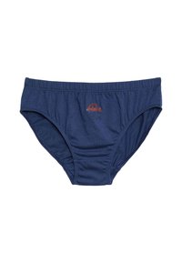 Navy blue cotton men’s briefs with an elastic waistband and a small red car graphic on the front side. Smooth texture and fitted design.