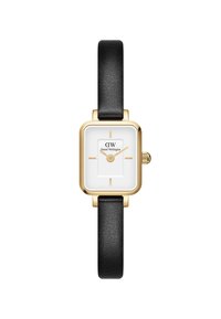 Gold metal rectangular watch with a white dial and black leather strap. Features gold hour markers and a simple crown for adjustment.
