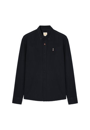 Navy blue long-sleeve shirt made of cotton with button-down collar, featuring small color accents and logo details on the chest.