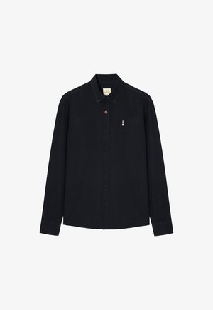 Tamsiai mėlynas džinsinis marškinis ilgomis rankovėmis, pagamintas iš medvilnės, su mygtukų apykakle, kuriame yra nedideli spalvų akcentai ir logotipas ant krūtinės.