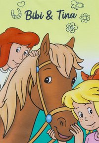 Illustrazione che raffigura un cavallo marrone con una criniera bionda, adornato con un finimento blu. Due bambini con capelli rossi e biondi sorridono.