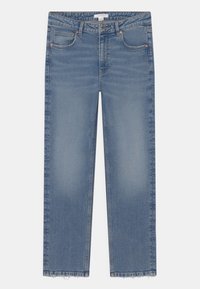 Modré džíny rovného střihu s vysokým pasem, předními kapsami, knoflíkovým zapínáním a roztrhanými lemy.