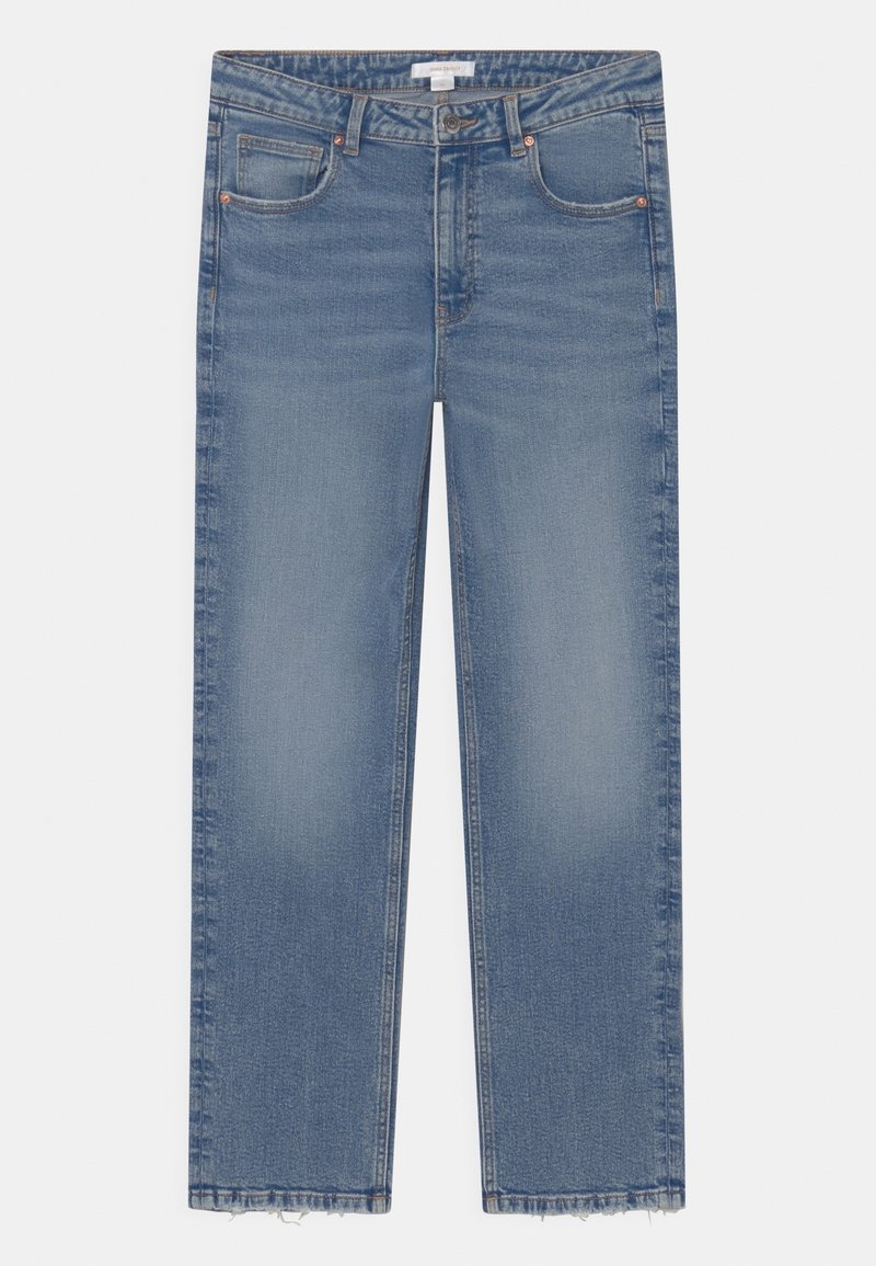 Modré džíny rovného střihu s vysokým pasem, předními kapsami, knoflíkovým zapínáním a roztrhanými lemy.