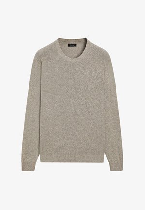 Lichtgrijze, lange mouw, ronde hals trui van gebreide stof met geribbelde manchetten en zoom op een witte achtergrond.