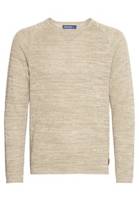 Beige long-sleeve crewneck sweater with a subtle knit pattern and a small logo tag near the bottom hem.
