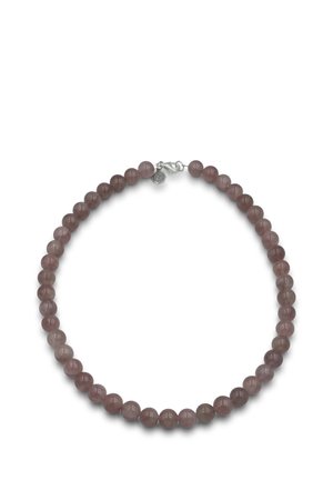 Collana di perle di pietra preziosa rotonda lucida di colore viola con piccola chiusura in argento e ciondolo circolare.
