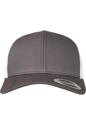 Grå baseballcaps med en strukturert front, hvite mesh sidestykker og en buet skjerm. Har et sirkulært merke-patch foran.