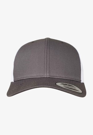 Casquette de baseball grise avec un front structuré, panneaux latéraux en maille blanche et une visière incurvée. Présente un écusson de marque circulaire à l'avant.