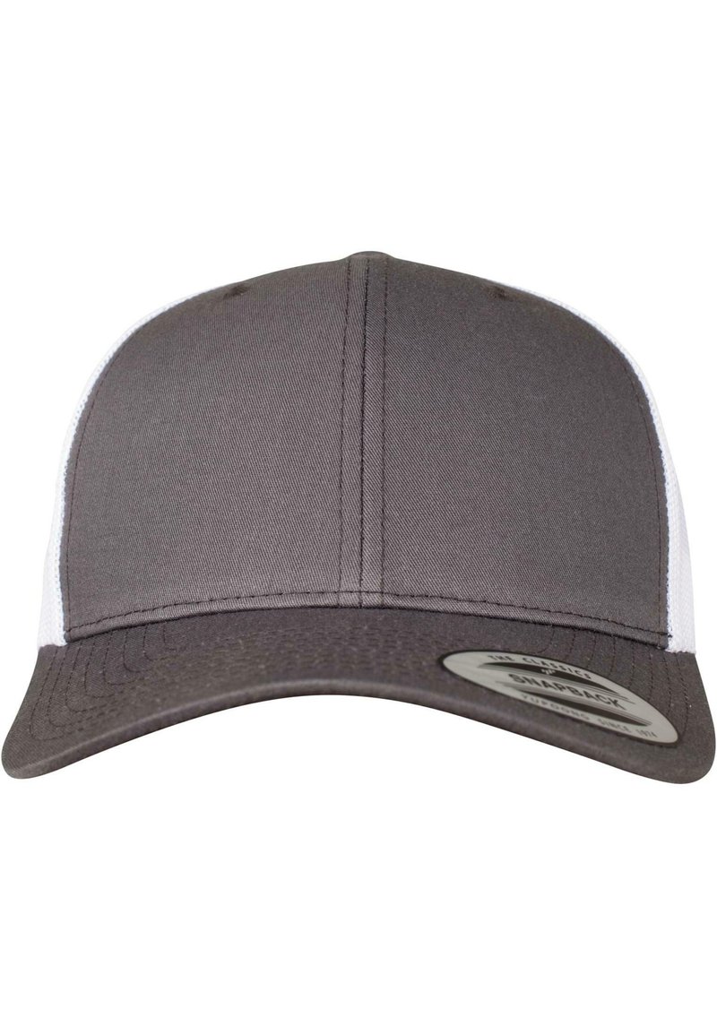 Grå baseballcaps med en strukturert front, hvite mesh sidestykker og en buet skjerm. Har et sirkulært merke-patch foran.