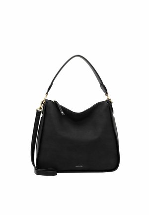 Bolso de hombro de cuero negro con herrajes dorados, cierre de cremallera y correa larga desmontable, el logo delantero dice "SURIFREY."