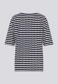 Gestreiftes kurzärmliges T-Shirt in Marineblau und Weiß, mit entspannter Passform, Rundhalsausschnitt und einem strukturierten Stoff für visuelles Interesse.