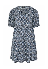 Robe bleu marine avec un imprimé géométrique en motifs de diamants dans des nuances de bleu et de blanc ; manches courtes bouffantes et une silhouette décontractée et fluide.