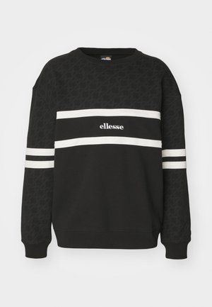 Sudadera negra con parte superior texturizada que presenta un patrón, rayas horizontales blancas y el logo "ellesse" en el pecho. Cuello redondo clásico.