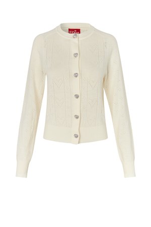 Cardigan en tricot crème avec manches longues, boutons argentés en forme de cœur, et motifs délicats en forme de cœur ajouré sur le devant et les manches.
