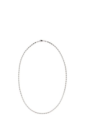 Zilveren ketting met rechthoekige schakels, gepolijste afwerking, iets flexibele vormgeving, met een sluiting.