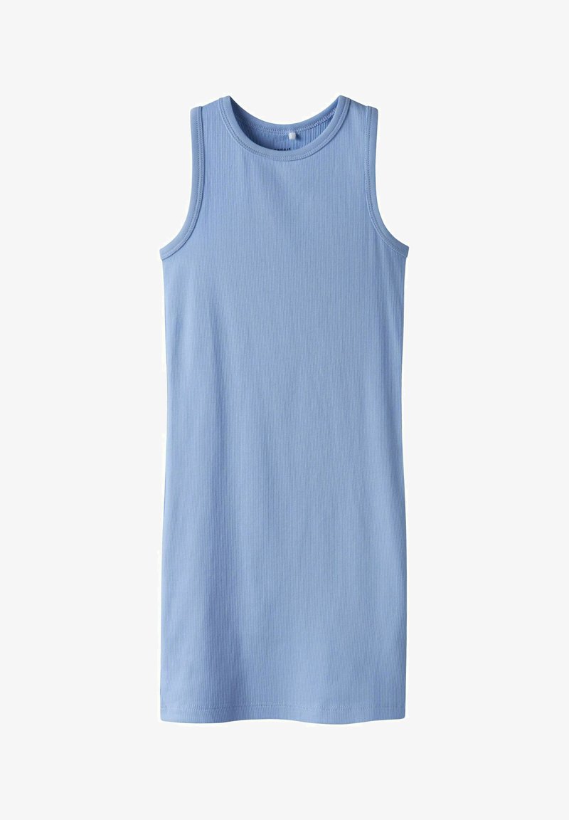 Robe sans manches bleu clair en tissu côtelé, dotée d'un col rond et d'une silhouette droite avec une longueur au genou.