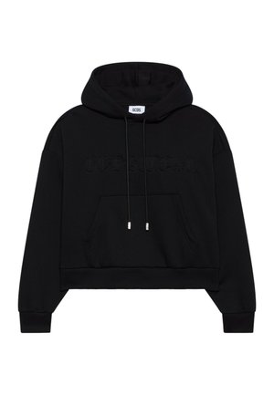 Felpa nera corta con tasca a marsupio frontale, coulisse regolabili, polsini a costine e sottile scritta ricamata "GCDS Soccer" sul petto.