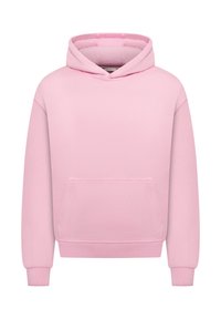 Pink sweatshirt with a hood, front kangaroo pocket, ribbed cuffs, and hem. Made of soft fabric with a plain texture.