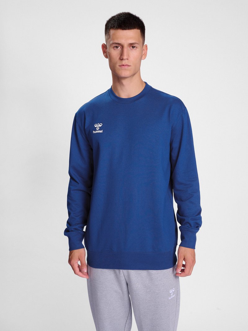 Junger Mann trägt ein blaues Hummel-Sweatshirt mit langen Ärmeln und hellgraue Jogginghose, steht vor einem schlichten weißen Hintergrund.
