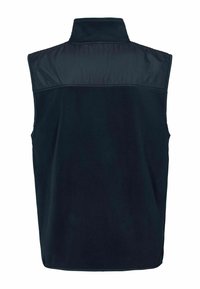 Marineblauwe mouwloze vest met hoge kraag, gemaakt van zachte fleece en voorzien van een gladde, contrasterende schouderpaneel. Geen sluitingen zichtbaar.