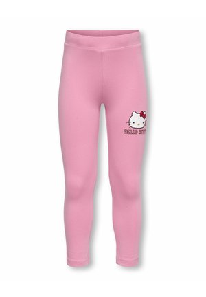 Pink leggings made from soft fabric, featuring a printed Hello Kitty graphic and "HELLO KITTY" text on the left thigh.