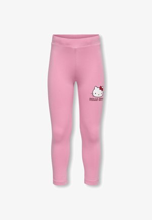 Pink leggings made from soft fabric, featuring a printed Hello Kitty graphic and "HELLO KITTY" text on the left thigh.