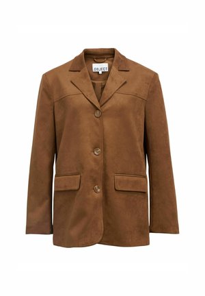 Blazer in suede marrone con colletto a revers, tre bottoni e due tasche frontali. Presenta una texture morbida e una silhouette strutturata.