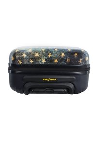 Hard-shell case with a blue and gold star pattern, featuring a black zipper and bottom, sturdy sides, and a compact rectangular shape.