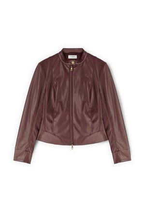 Brązowa skórzana kurtka z przednim zamkiem błyskawicznym, kołnierzem na zatrzask, długimi rękawami i dopasowanymi szwami dla wyrafinowanej sylwetki.