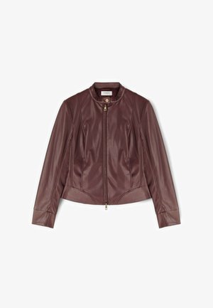 Brązowa skórzana kurtka z przednim zamkiem błyskawicznym, kołnierzem na zatrzask, długimi rękawami i dopasowanymi szwami dla wyrafinowanej sylwetki.