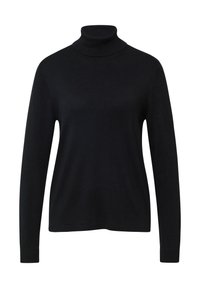 Schwarzer, langärmeliger Rollkragenpullover mit geripptem Kragen, Bündchen und Saum, vor einem weißen Hintergrund präsentiert.