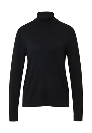 Czarny sweter z długim rękawem i golfem, posiadający prążkowany kołnierz, mankiety i dół, zaprezentowany na białym tle.